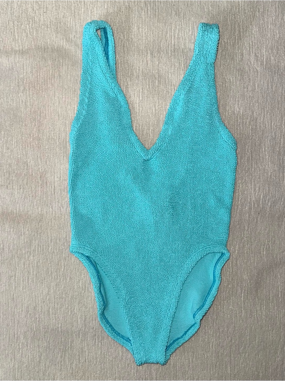 New Hunza G Sadie Swimsuit Aqua Sky Blue Bright Crinkle Stretchy One Size Bikini